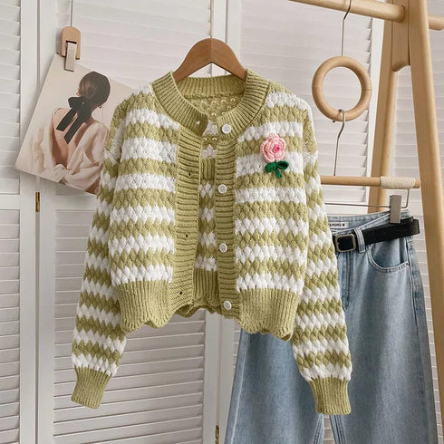 Two Piece Fashion Striped Floral Sweet Knitted Tank Top With Cardigan